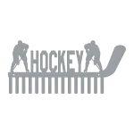 A steel medal holder shaped like a hockey stick, featuring the word 'HOCKEY' in the center with two player silhouettes. It has 15 hooks for displaying medals.